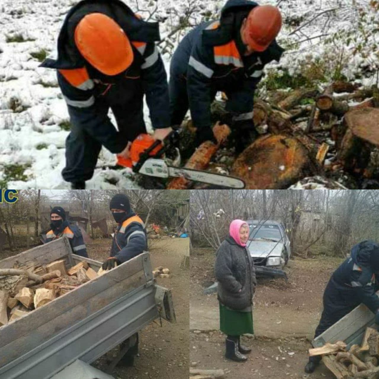 Спасатели помогают пожилым людям с дровами на зиму